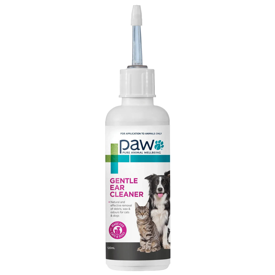 A bottle of Paw Gentle Ear Cleaner with a white plastic body, clear nozzle, and label featuring a dog, cat, and pink text on a white background.