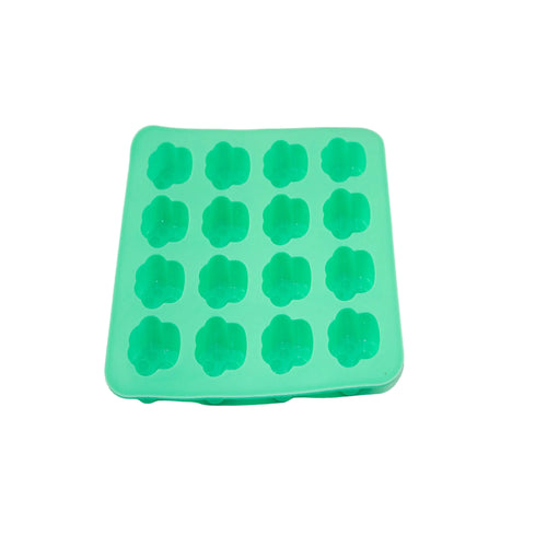 A mint green silicone mold tray with 16 paw-shaped cavities, shown on a plain white surface.